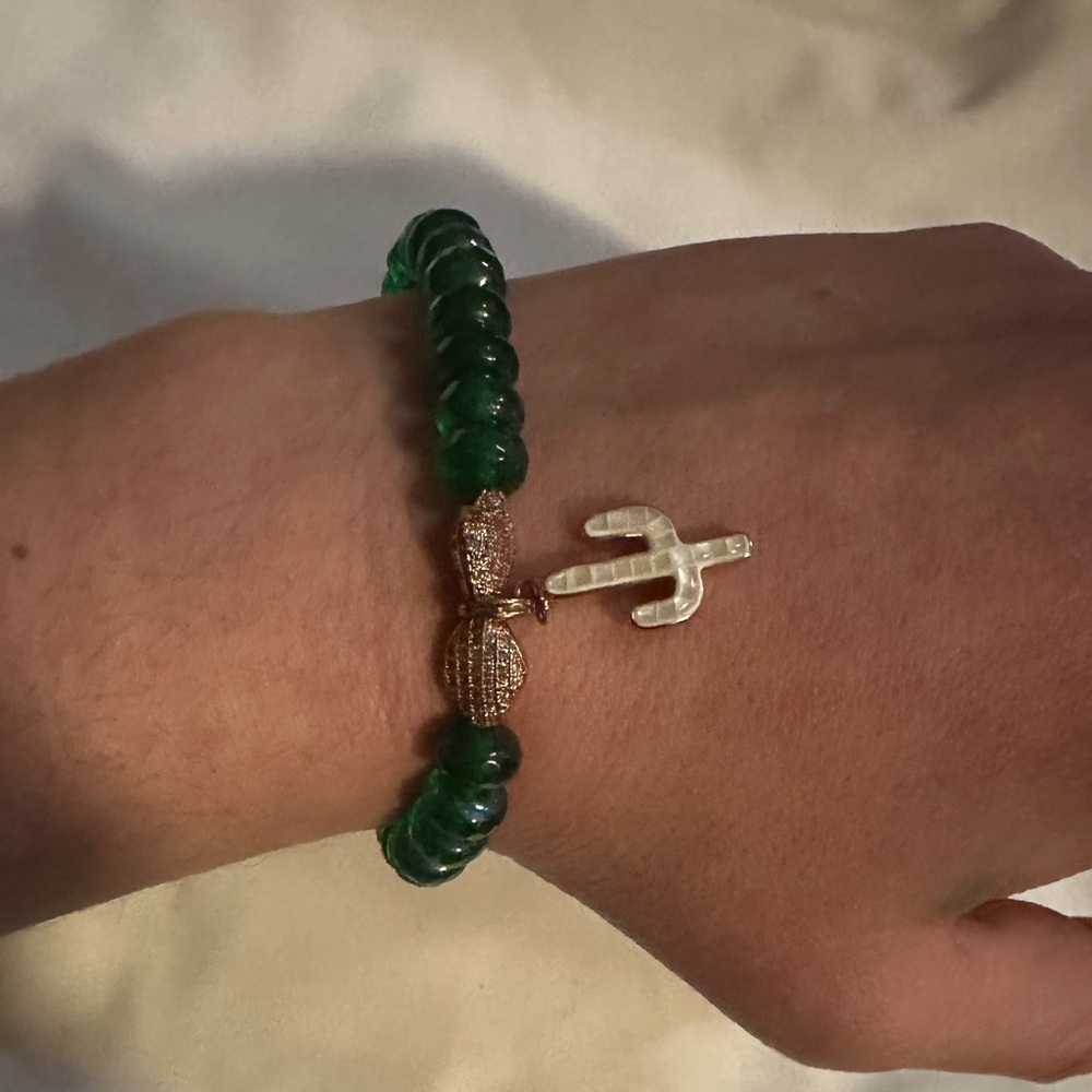 Erimish Rose Gold Tone Enameled Cactus Green Jadeite Real Stone Stretch Bracelet